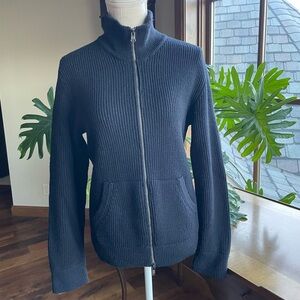 Vince Dark Navy Blue Ribbed Knit Full Zip-Up Wool Sweater size M